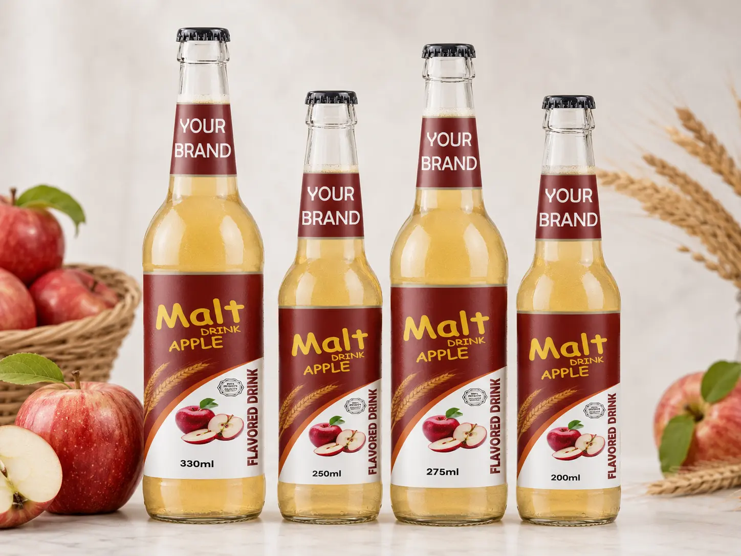 MALT DRINK Apple flavour in 330ml, 250ml, 275ml, and 200ml glass bottles.